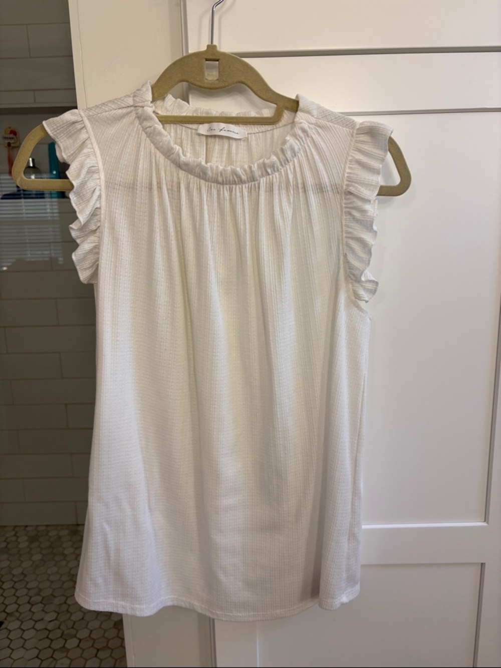 Ces Femme White Ruffle-Trim Sleeveless Top